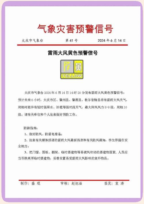黑龙江省大庆市发布暴雨黄色预警